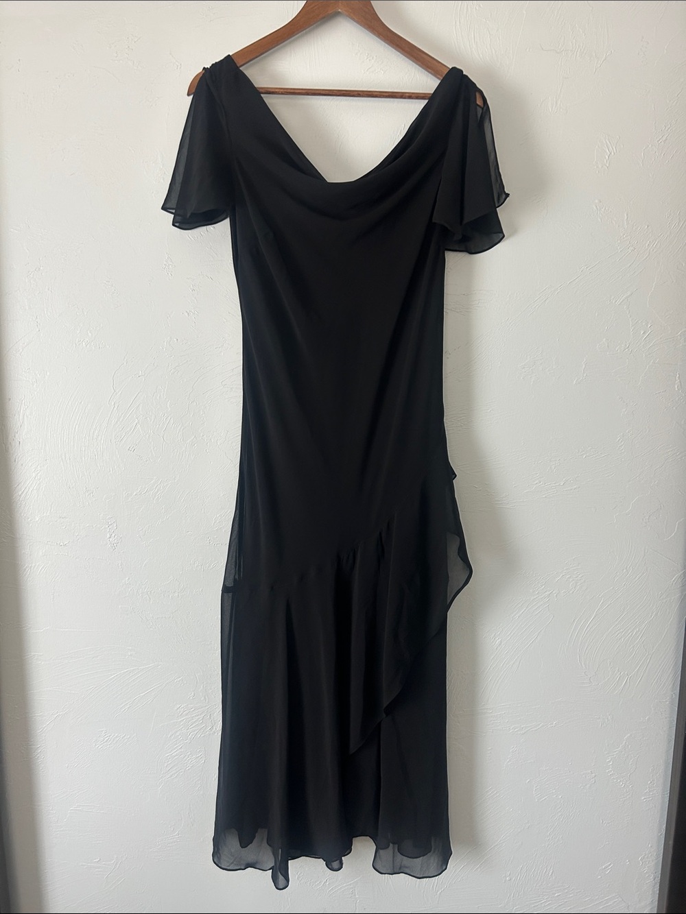 Eva Blue Black Draped Cowl Neck Drop Waist Midi Ruffle Dress w Flutter Sleeve